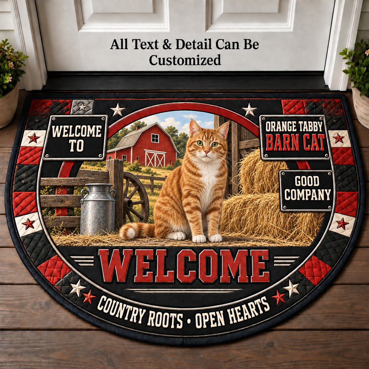 Orange Tabby Barn Cat Personalized Half Round Mat | 5To9Vibe