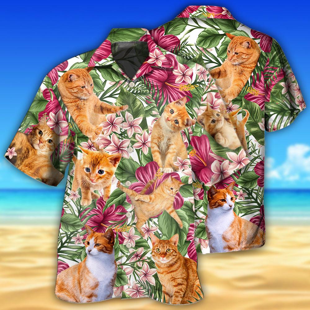 Cat Tropical Floral Orange Cat - Hawaiian Shirt 