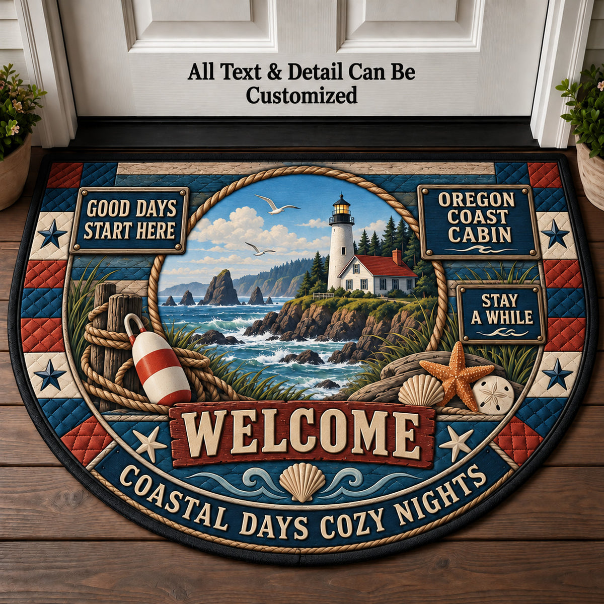 Oregon Coast Cabin Personalized Half Round Mat | 5To9Vibe