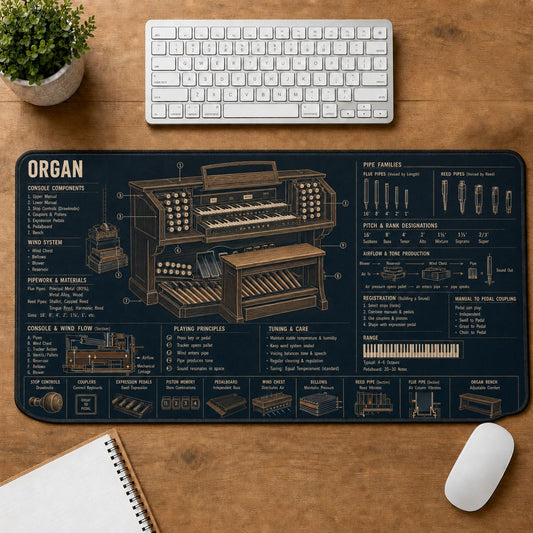 Organ Musical Instrument Blueprint Guide Desk Mat | 5To9Vibe