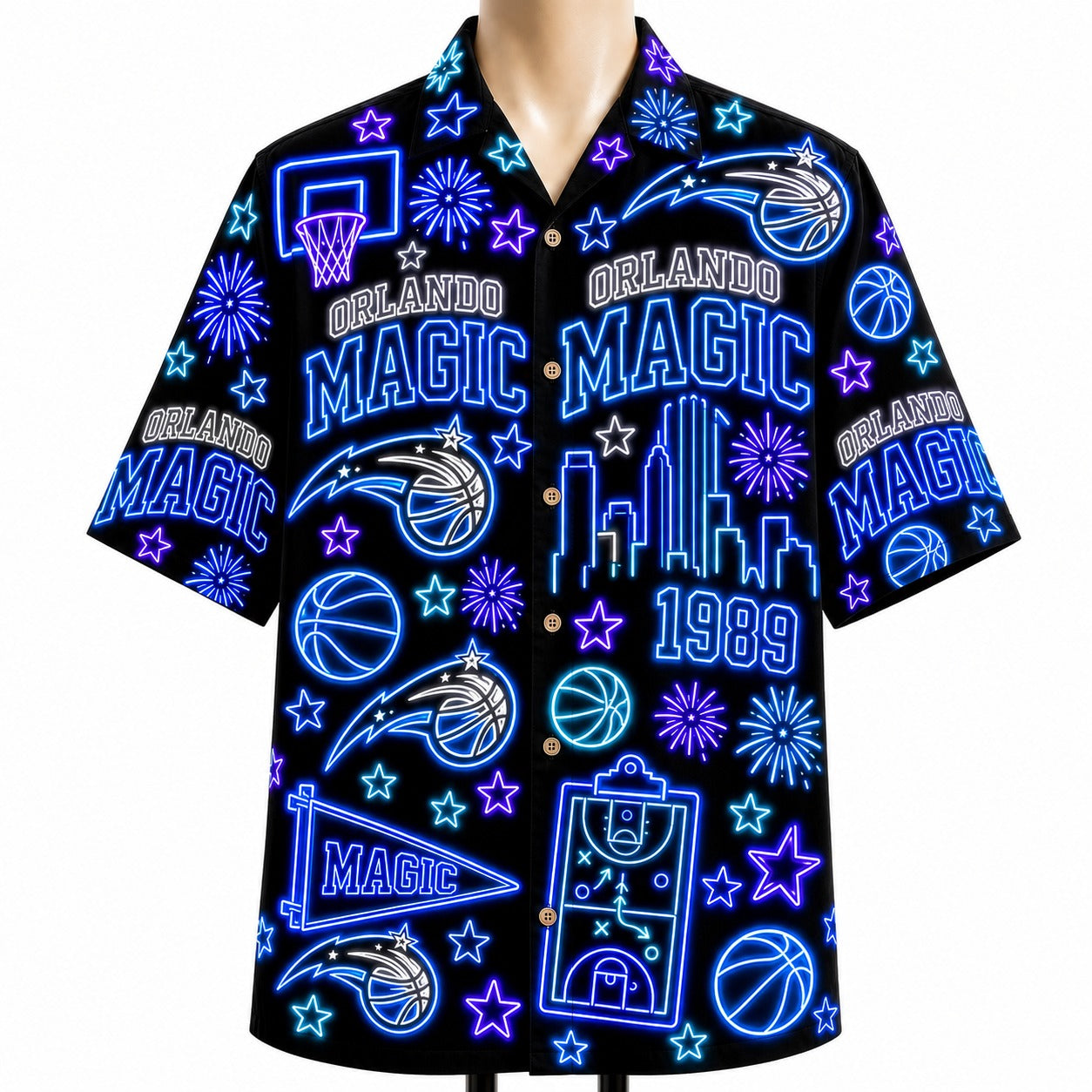 All Basketball Teams Neon Pattern Vibe Summer Party Button-Up Unisex Hawaiian Shirt For Men and Women