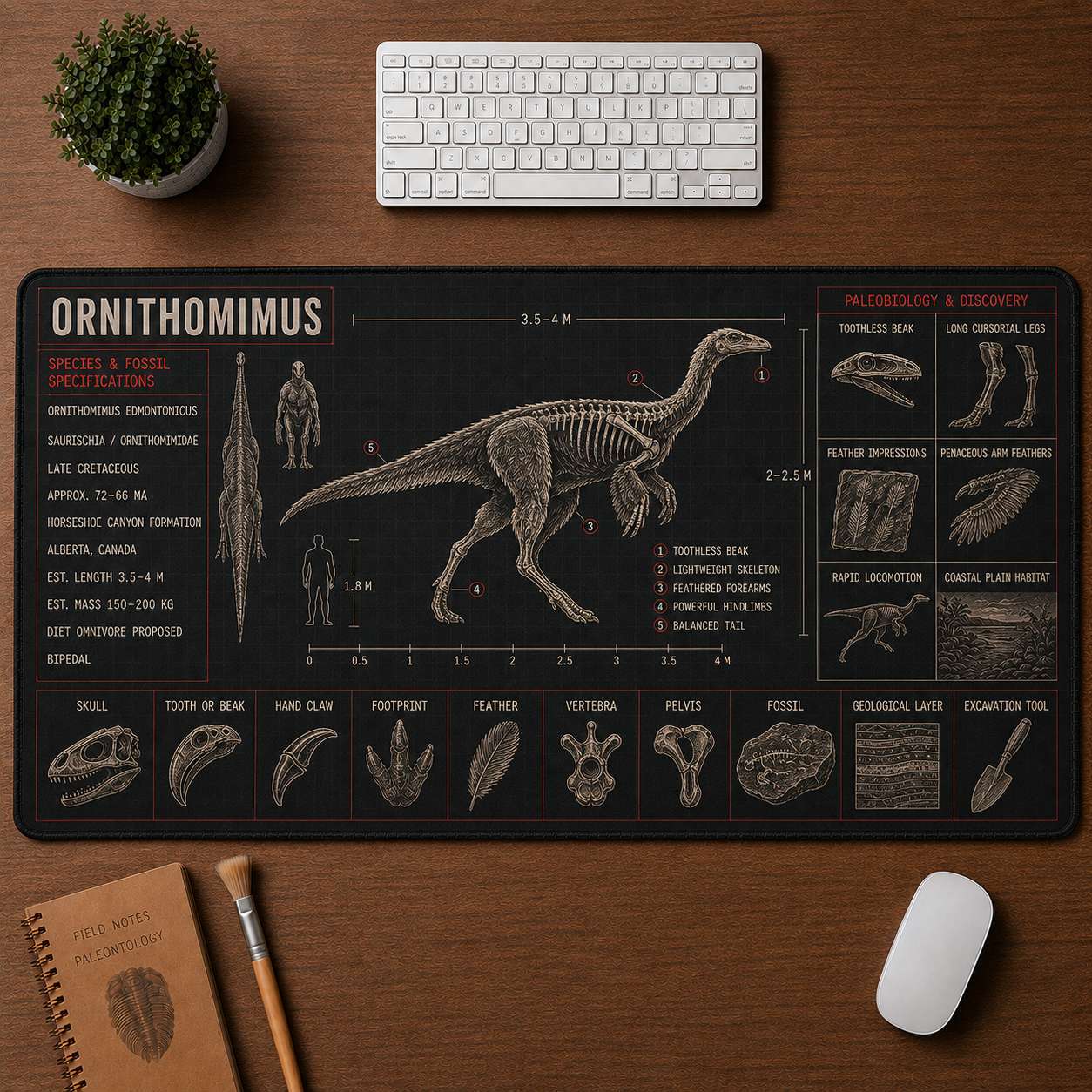 Ornithomimus Dinosaur Blueprint Desk Mat | 5To9Vibe