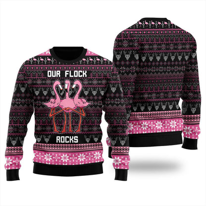 Our Flock Rocks Pinky Flamingo Funny Ugly Xmas Sweaters