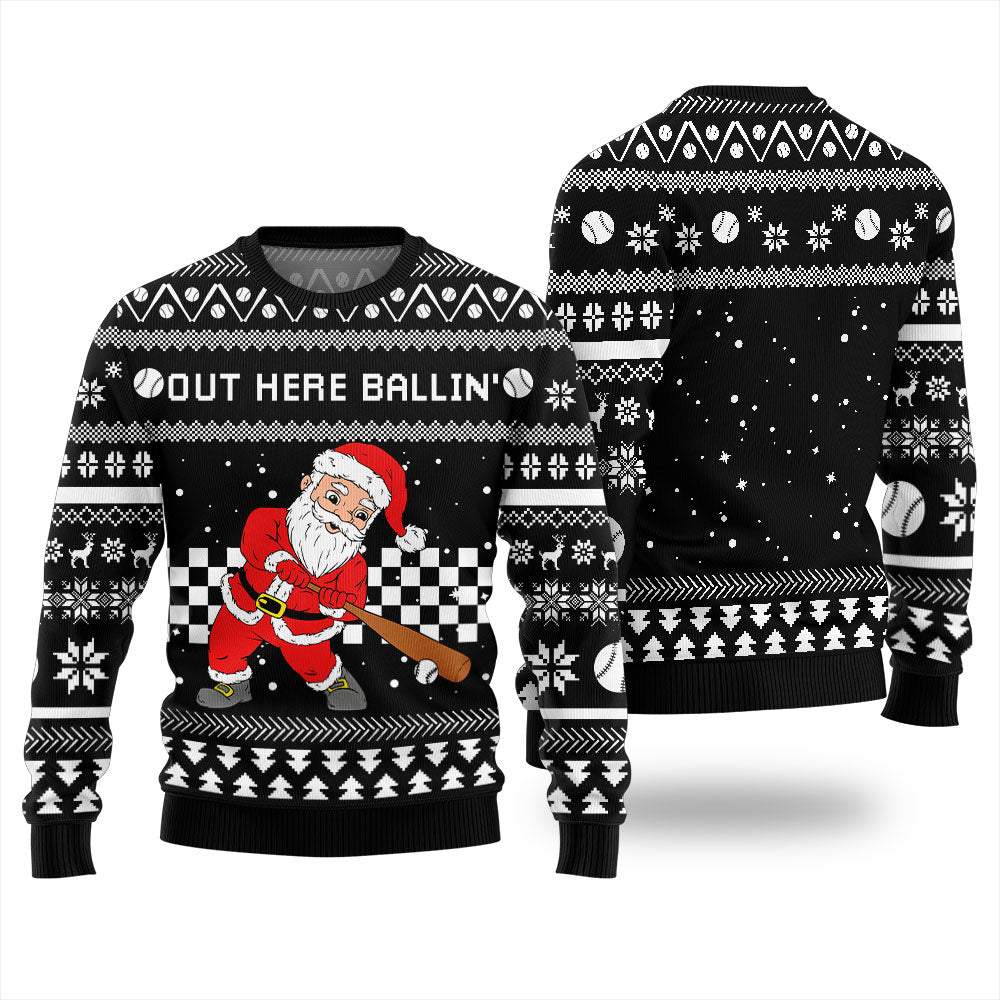 Out Here Ballin Santa Baseball Ugly Holiday Sweater
