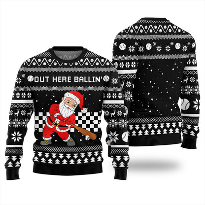 Out Here Ballin Santa Baseball Ugly Holiday Sweater