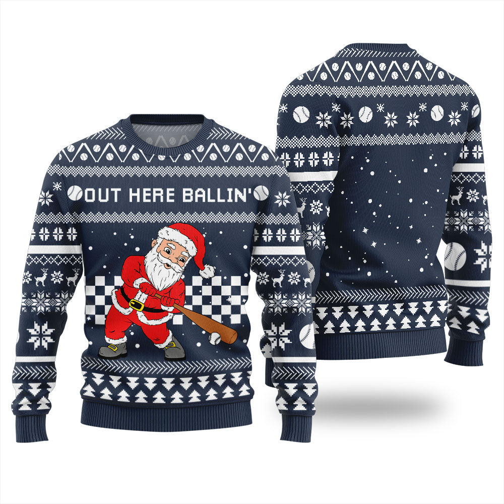 Out Here Ballin Santa Baseball Ugly Holiday Sweater