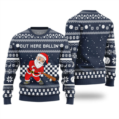 Out Here Ballin Santa Baseball Ugly Holiday Sweater