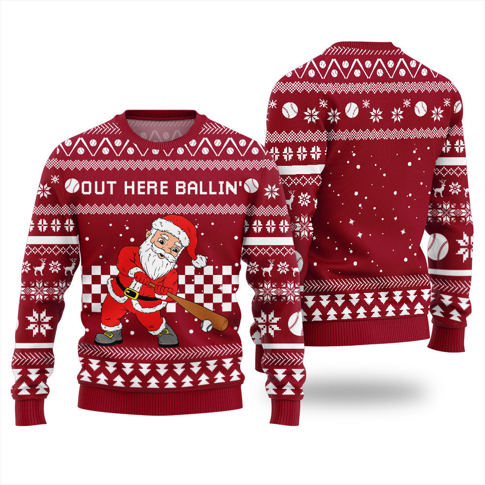Out Here Ballin Santa Baseball Ugly Holiday Sweater