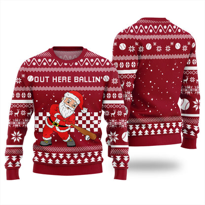 Out Here Ballin Santa Baseball Ugly Holiday Sweater