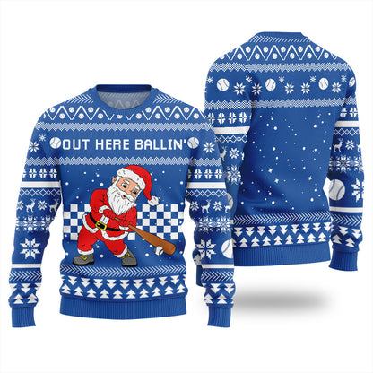 Out Here Ballin Santa Baseball Ugly Holiday Sweater