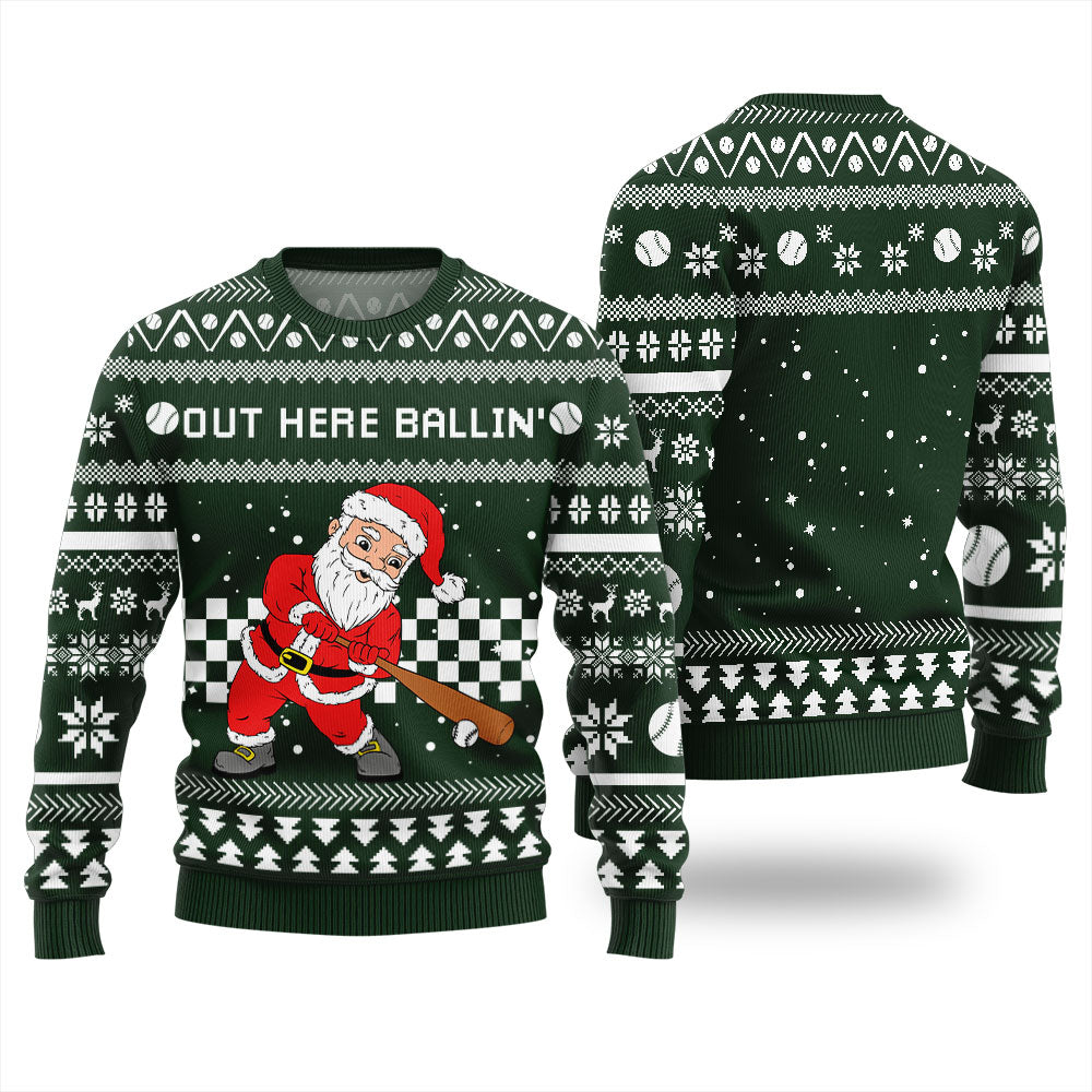 Out Here Ballin Santa Baseball Ugly Holiday Sweater