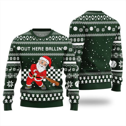 Out Here Ballin Santa Baseball Ugly Holiday Sweater