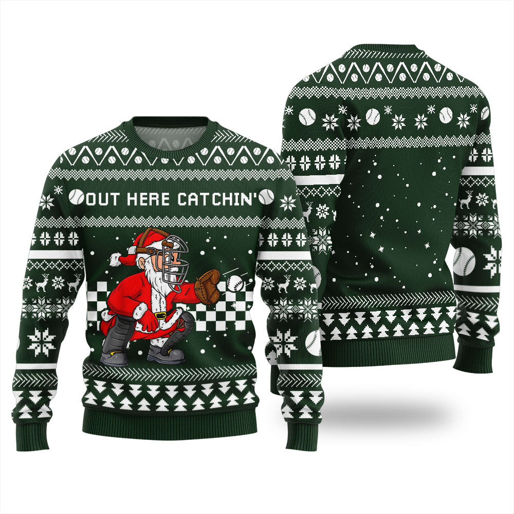 Out Here Catchin Santa Baseball Ugly Christmas Sweater