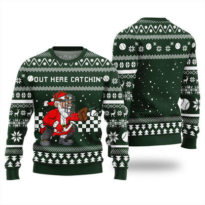 Out Here Catchin Santa Baseball Ugly Christmas Sweater