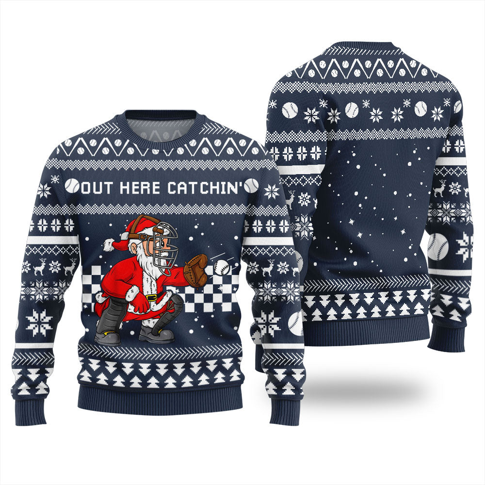 Out Here Catchin Santa Baseball Ugly Christmas Sweater