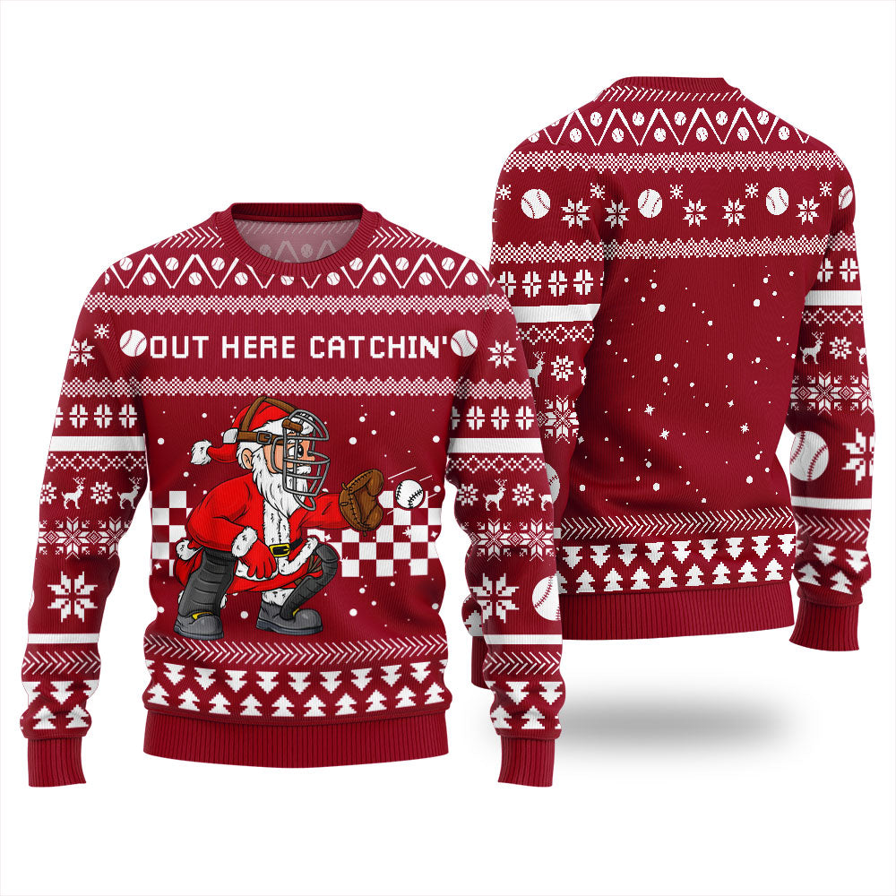 Out Here Catchin Santa Baseball Ugly Christmas Sweater