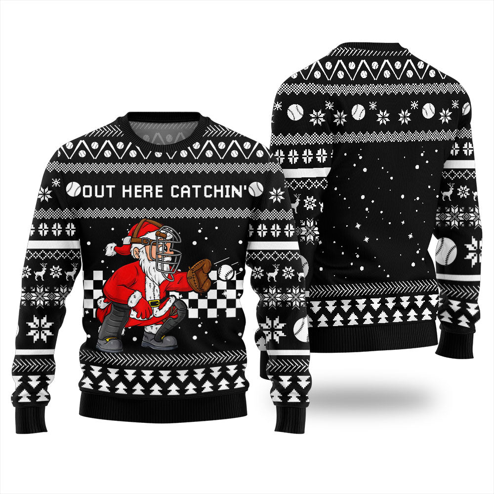 Out Here Catchin Santa Baseball Ugly Christmas Sweater
