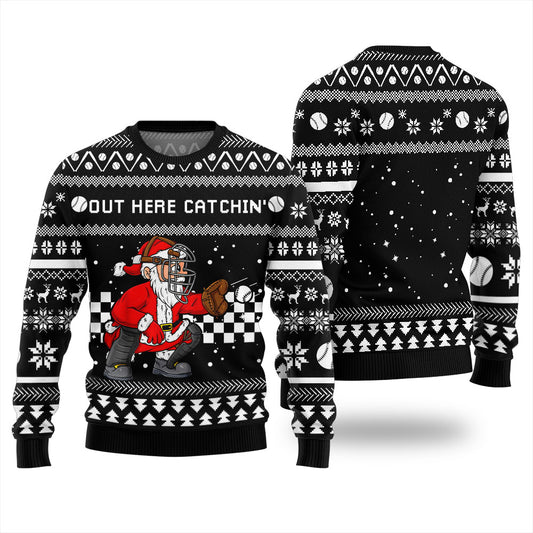 Out Here Catchin Santa Baseball Ugly Christmas Sweater