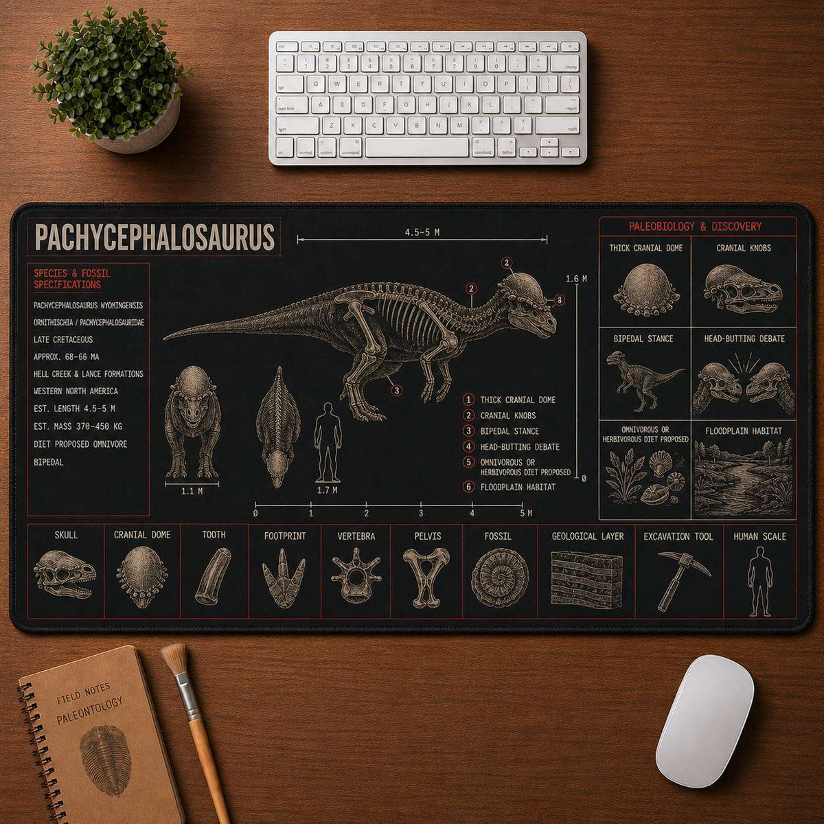 Pachycephalosaurus Dinosaur Blueprint Desk Mat | 5To9Vibe