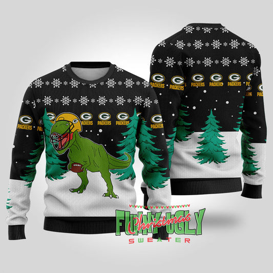 Packers NFL Trex Ugly Christmas Sweater Black
