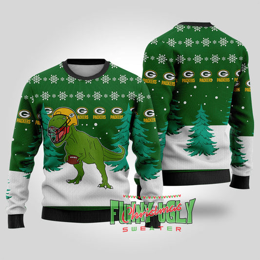 Packers NFL Trex Ugly Christmas Sweater Forest Green