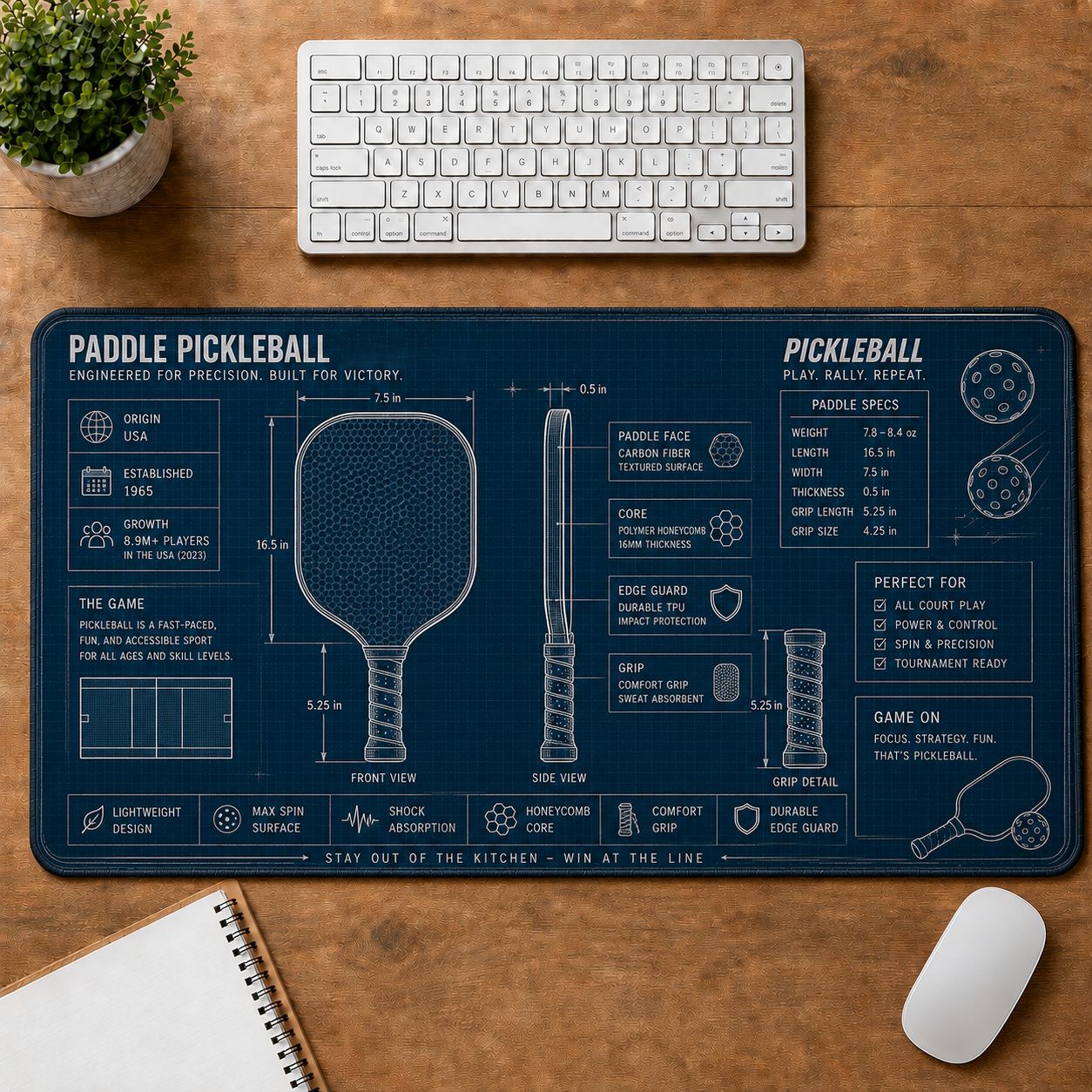 Pickleball Paddle Sports Technique Guide Desk Mat | 5To9Vibe
