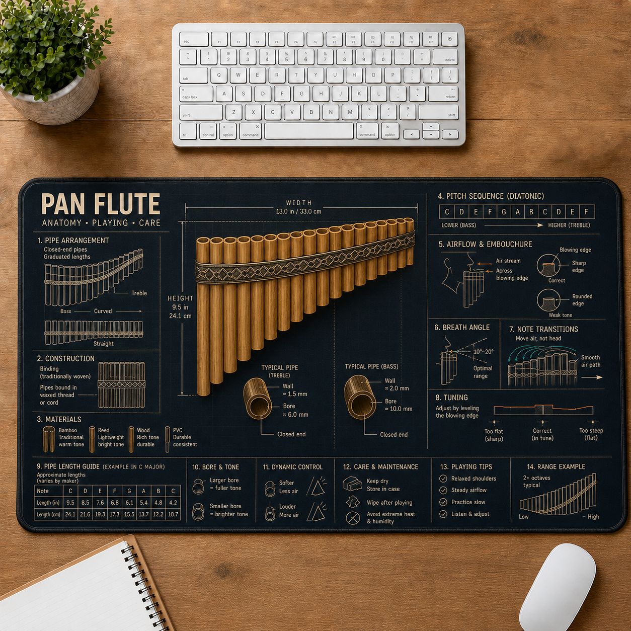 Pan Flute Musical Instrument Blueprint Guide Desk Mat | 5To9Vibe