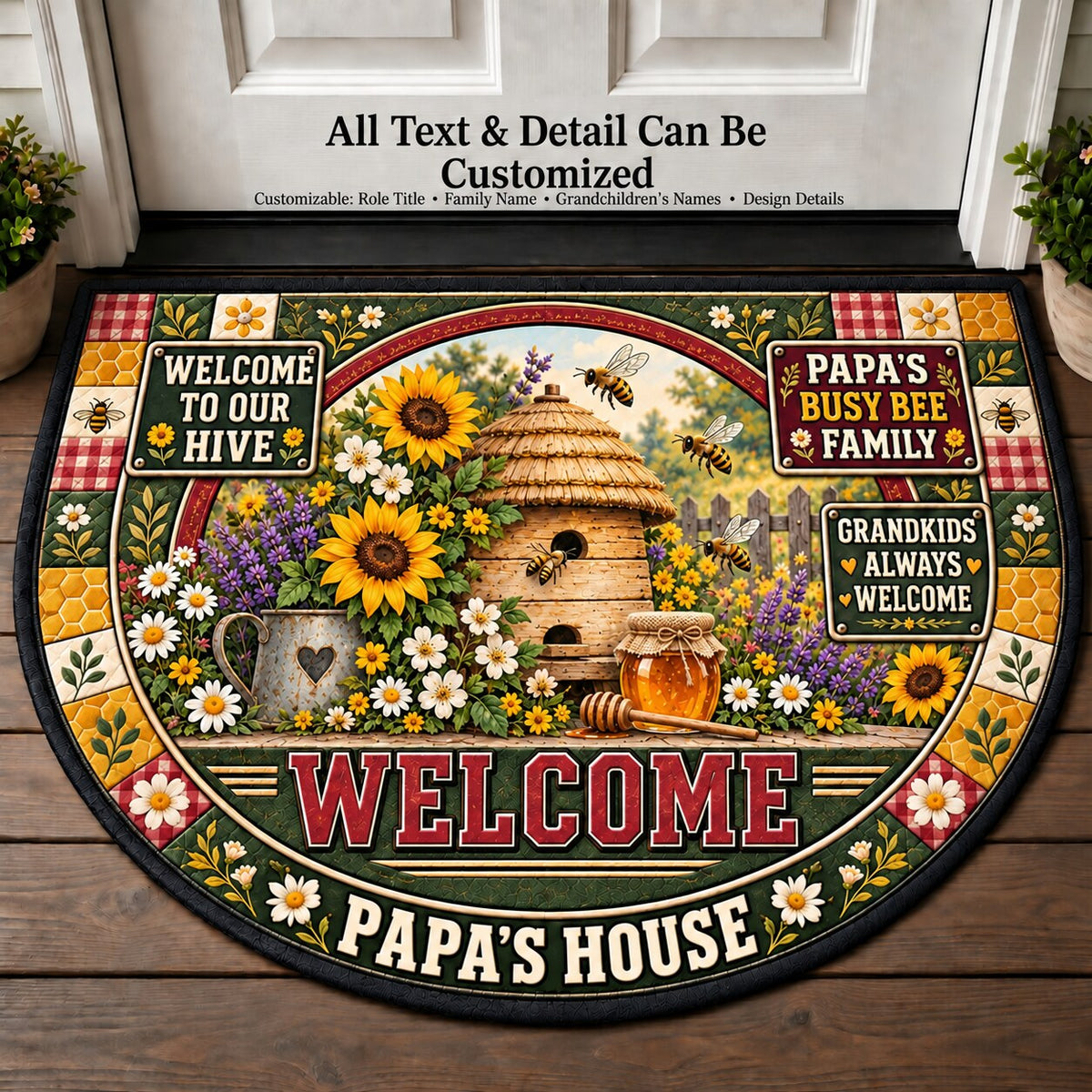 Papa's Busy Bee Family Personalized Half Round Mat | 5To9Vibe