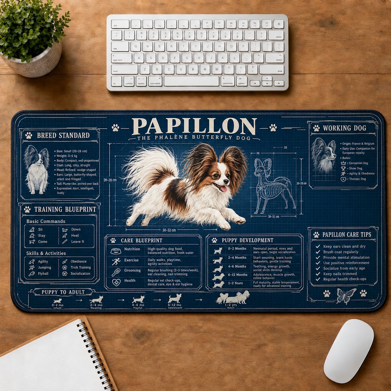 Papillon Dog Breed Visual Guide Desk Mat | 5To9Vibe