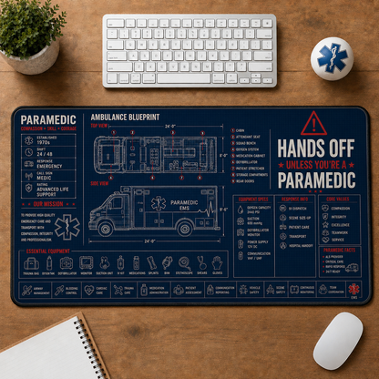 EMT Ambulance Blueprint Large Desk Mat - Emergency Medical Technician Plus Size Mouse Pad - 5to9vibe