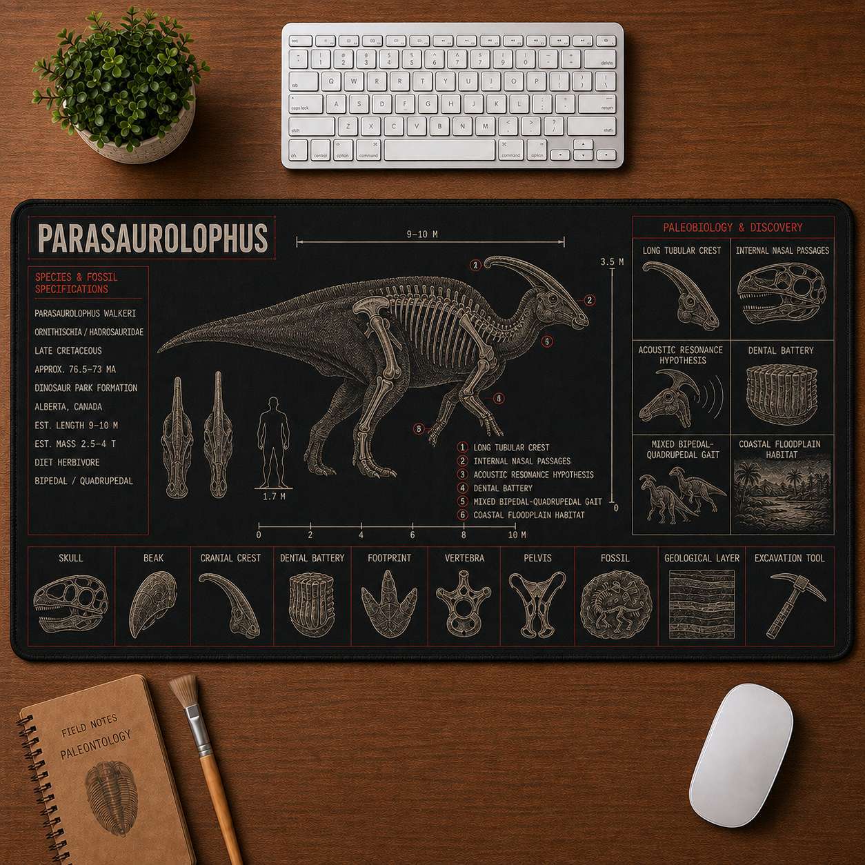 Parasaurolophus Dinosaur Blueprint Desk Mat | 5To9Vibe