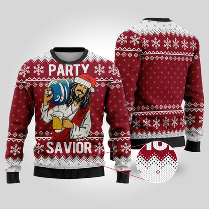 Party Savior Ugly Christmas Sweater Cardinal Red - Funny Ugly Christmas Sweater