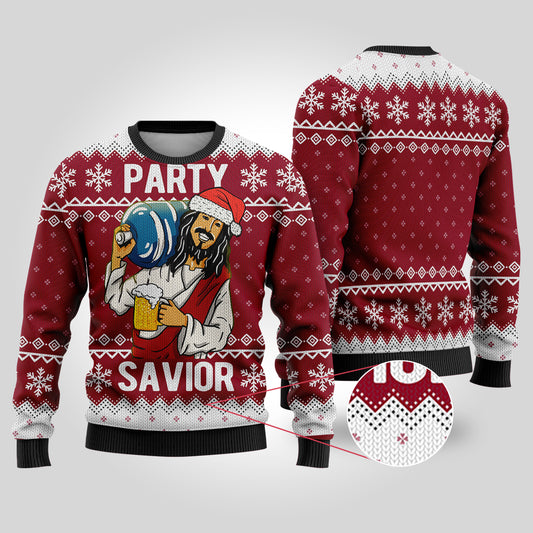 Party Savior Ugly Christmas Sweater Cardinal Red - Funny Ugly Christmas Sweater