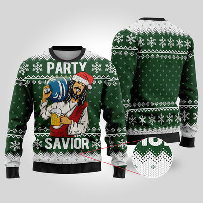 Party Savior Ugly Christmas Sweater Forest Green - Funny Ugly Christmas Sweater