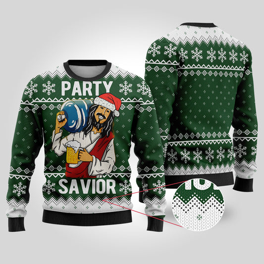 Party Savior Ugly Christmas Sweater Forest Green - Funny Ugly Christmas Sweater