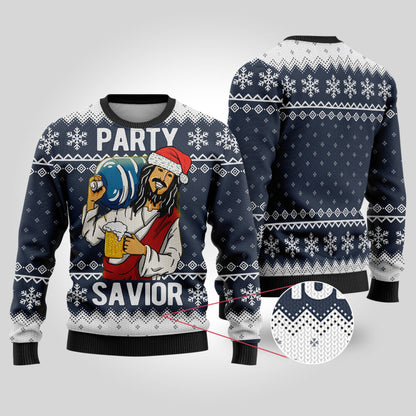 Party Savior Ugly Christmas Sweater Navy - Funny Ugly Christmas Sweater
