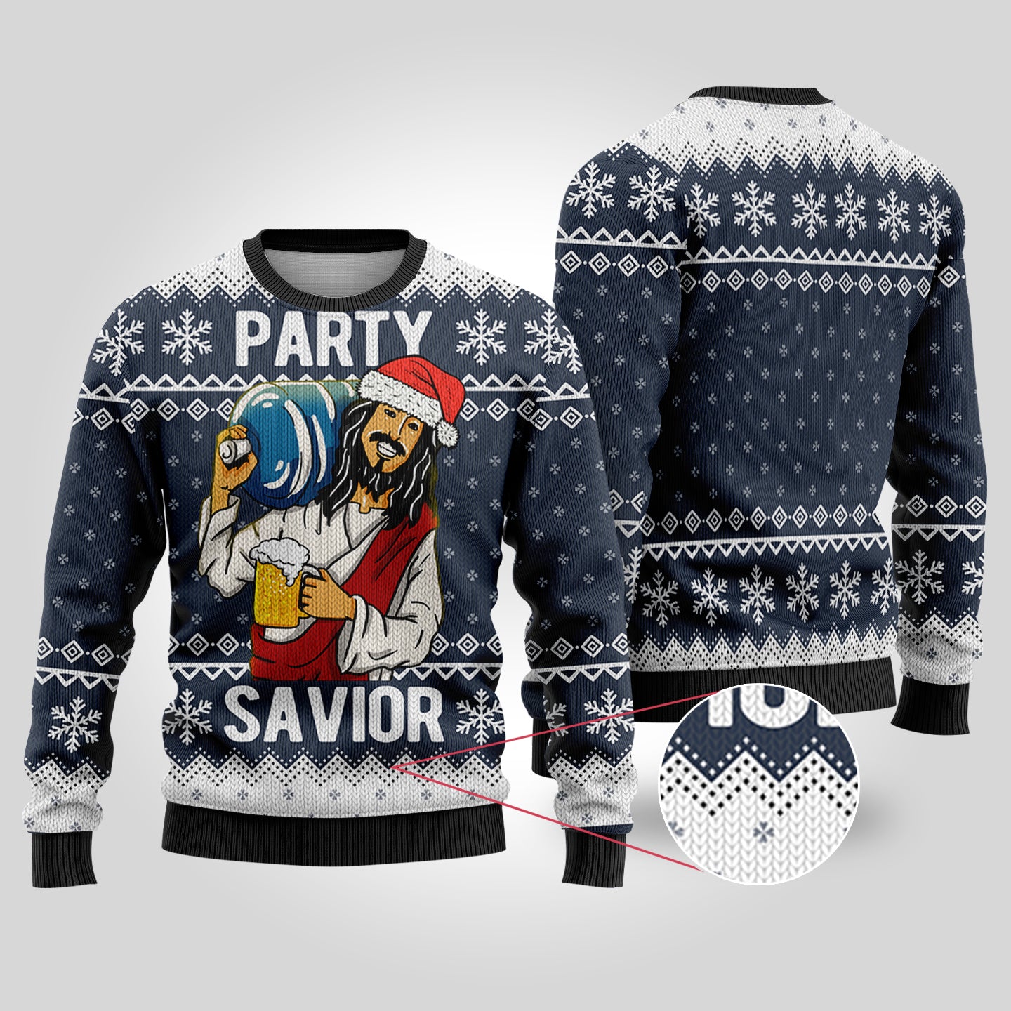 Party Savior Ugly Christmas Sweater Navy - Funny Ugly Christmas Sweater