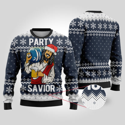 Party Savior Ugly Christmas Sweater Navy - Funny Ugly Christmas Sweater