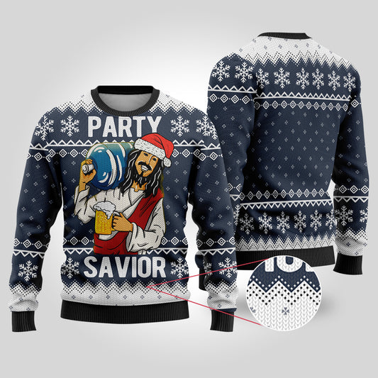 Party Savior Ugly Christmas Sweater Navy - Funny Ugly Christmas Sweater