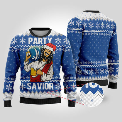 Party Savior Ugly Christmas Sweater Royal - Funny Ugly Christmas Sweater