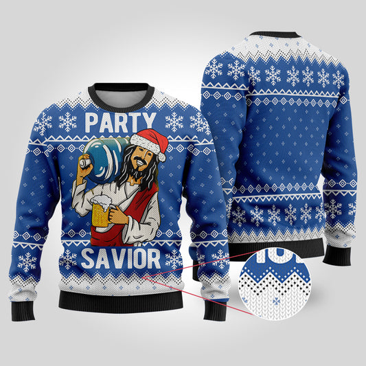 Party Savior Ugly Christmas Sweater Royal - Funny Ugly Christmas Sweater