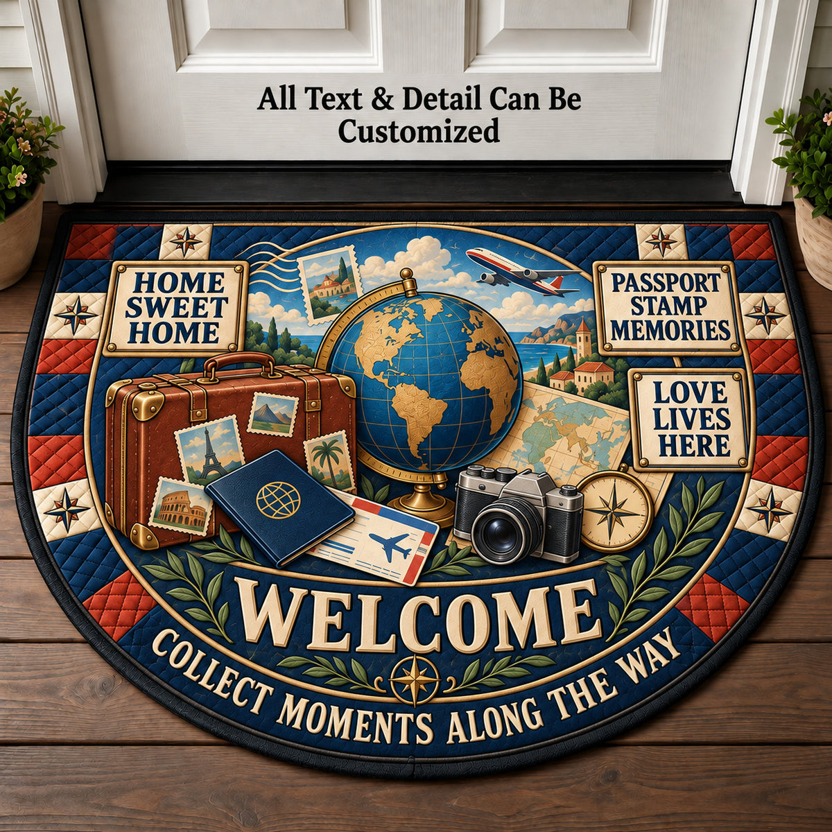 Passport Stamp Memories Personalized Half Round Mat | 5To9Vibe