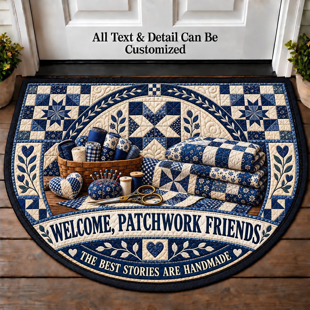 Blue and White Quilt - Patchwork Friends Personalized Half Round Mat | 5To9Vibe