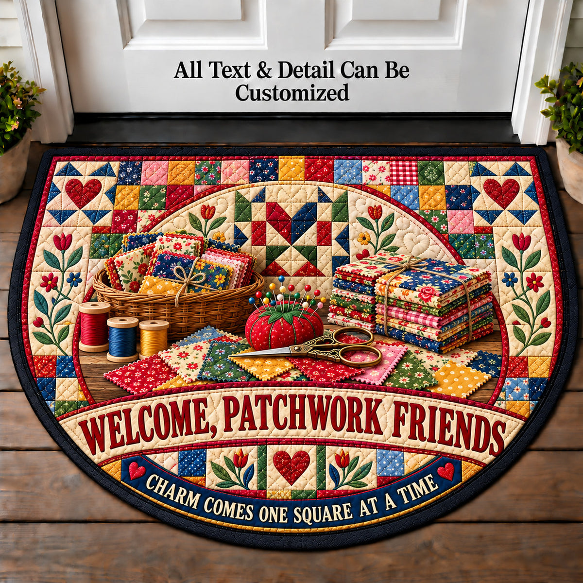 Charm Squares - Patchwork Friends Personalized Half Round Mat | 5To9Vibe