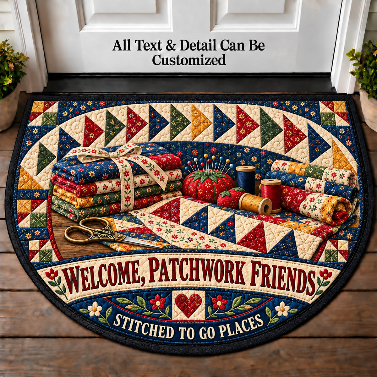 Flying Geese Pattern - Patchwork Friends Personalized Half Round Mat | 5To9Vibe