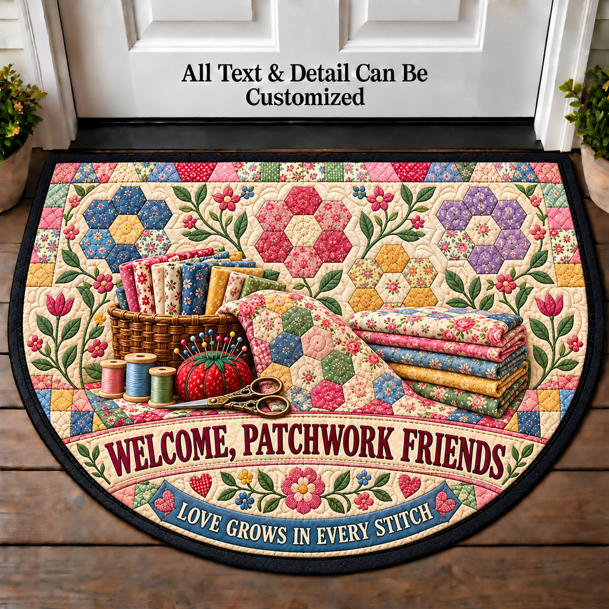 Grandmother's Flower Garden - Patchwork Friends Personalized Half Round Mat | 5To9Vibe
