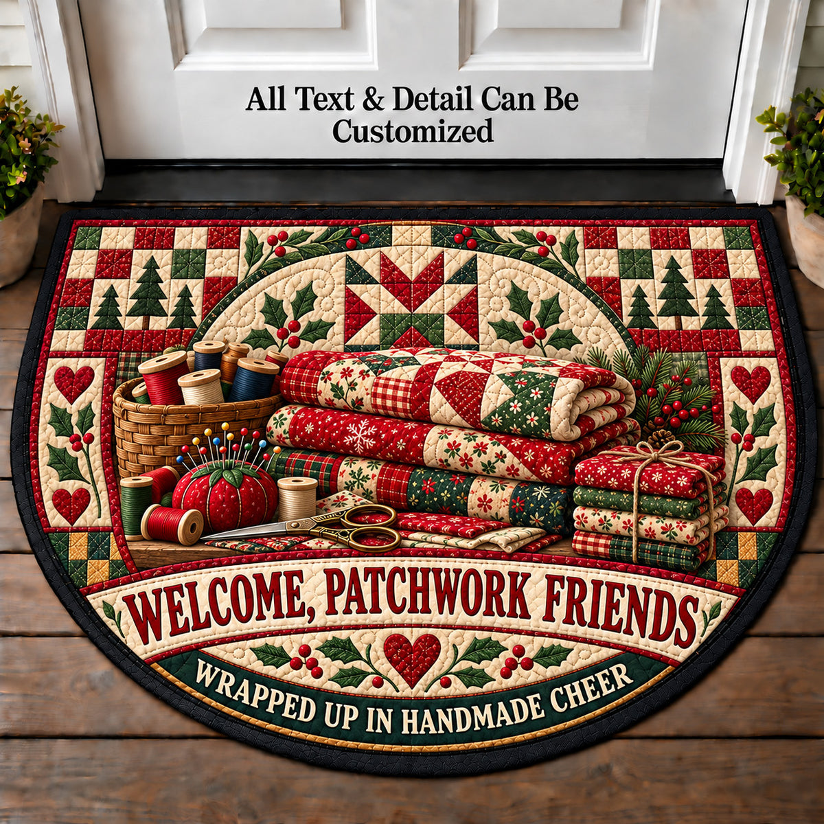 Holiday Quilt Stack - Patchwork Friends Personalized Half Round Mat | 5To9Vibe