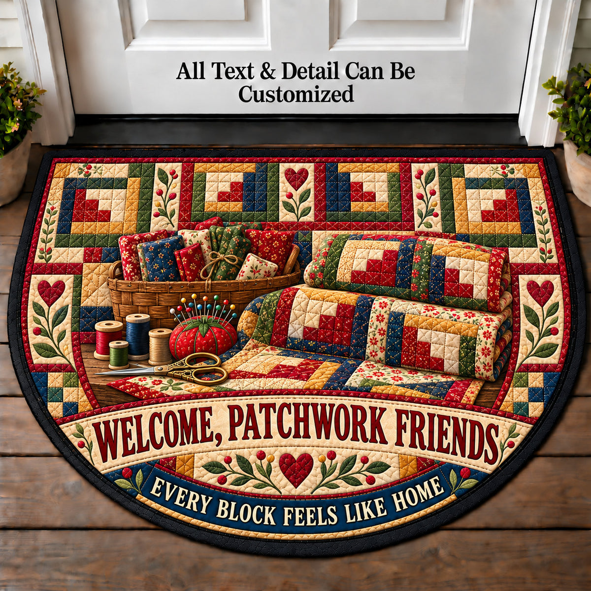 Log Cabin Quilt - Patchwork Friends Personalized Half Round Mat | 5To9Vibe
