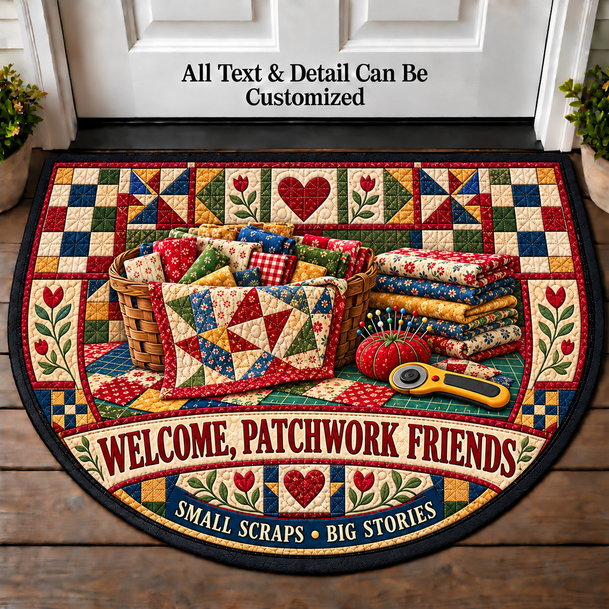Scrap Basket - Patchwork Friends Personalized Half Round Mat | 5To9Vibe