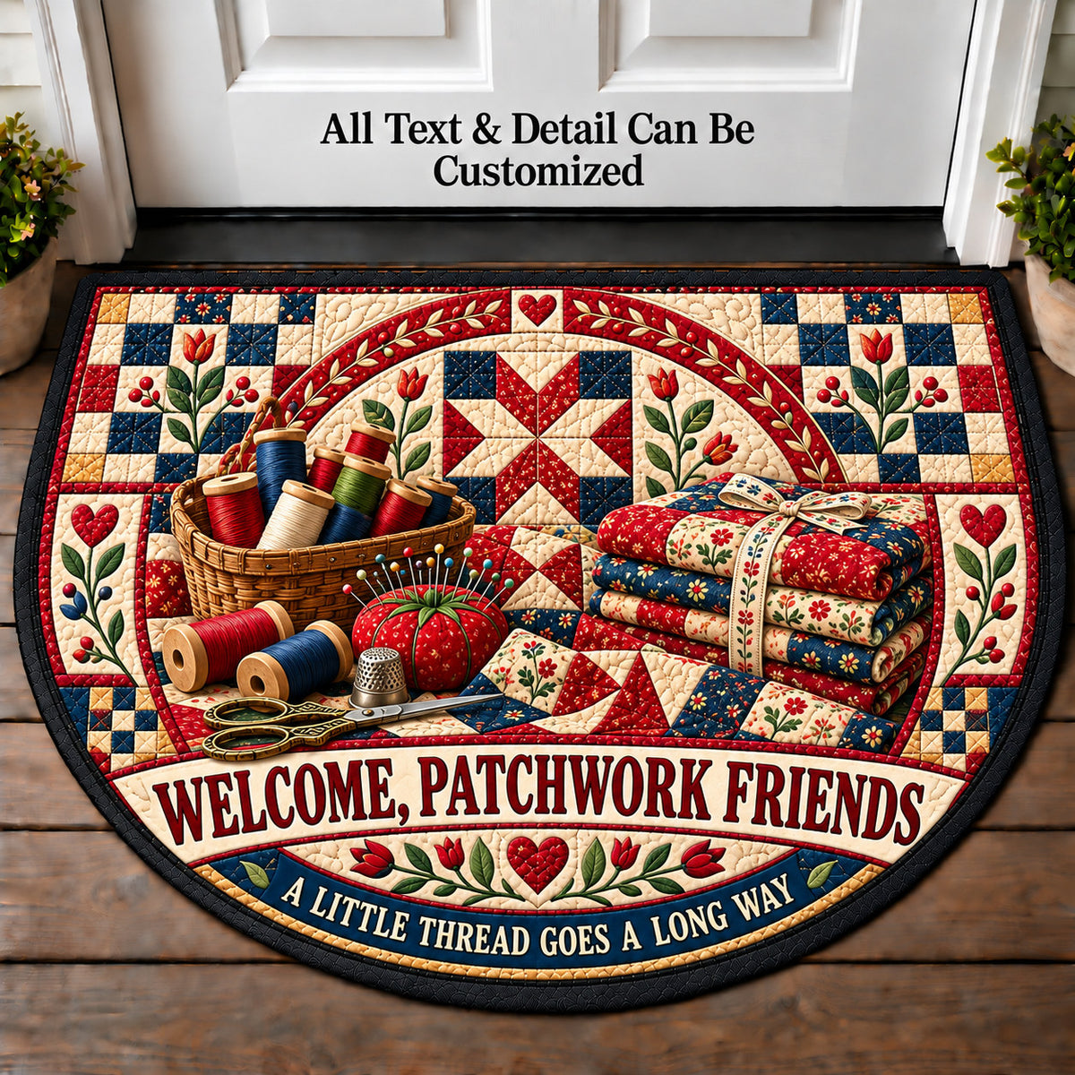 Thread Thimble - Patchwork Friends Personalized Half Round Mat | 5To9Vibe